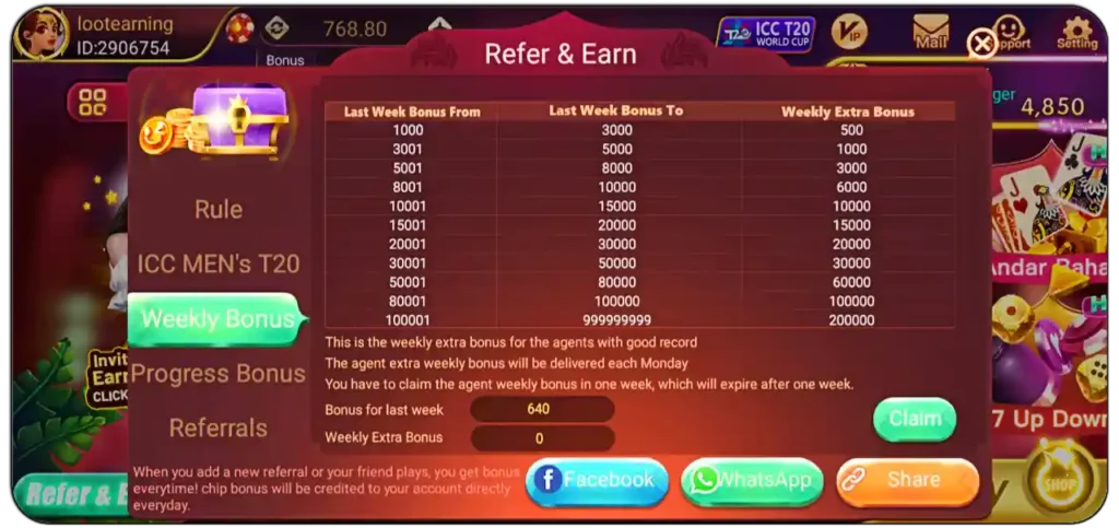 Weekly Bonus in Rummy Mate Money APK